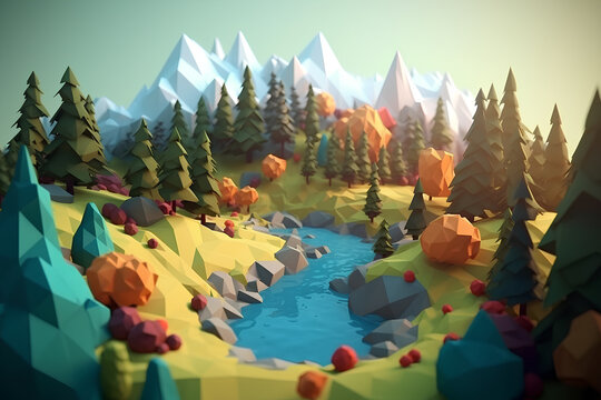 A low poly landscape with trees and mountains ai generated