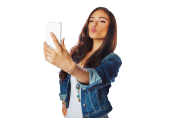 Selfie, kiss and beauty of woman isolated on transparent, png background for social media, photography and emoji. Gen z model, influencer or person with profile picture for makeup or cosmetics promo