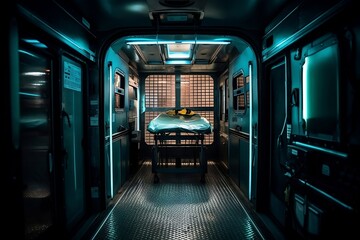 View of compact ambulance van with open doors. Emergency medical devices, ambulance interior details with necessary patient care equipment. Basic emergency for quick health help service. Generative AI