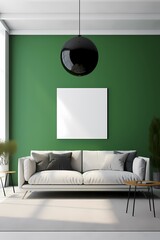Blank horizontal poster frame mock up in scandinavian style living room interior, modern living room interior background, green sofa and pampas grass, 3d rendering