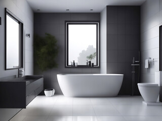 Fototapeta na wymiar Modern gray bathroom with bathtub, Generative AI Illustration.