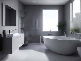 Fototapeta na wymiar Modern gray bathroom with bathtub, Generative AI Illustration.