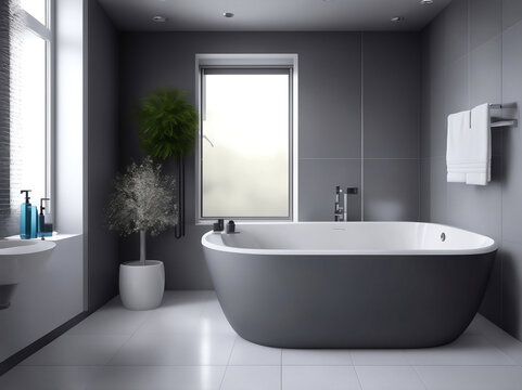 Modern gray bathroom with bathtub, Generative AI Illustration.