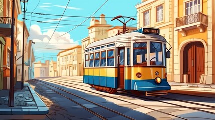 Plakat Background streetcar in old town. the nostalgia of an old-town setting with an illustration showcasing a streetcar, abstract background, and captivating banner design. Generative AI.