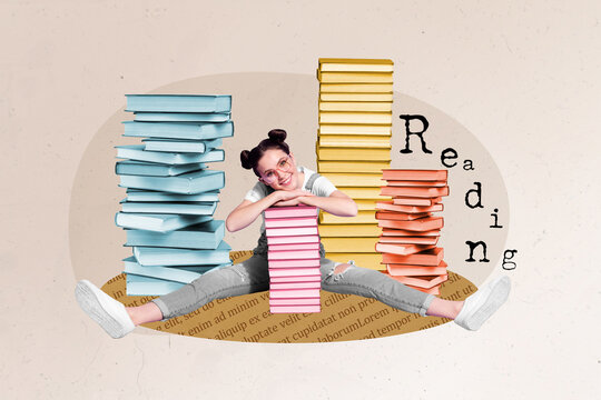 Composite collage portrait of positive girl reading pile stack book prepare exam test isolated on creative painted background