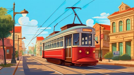 Background streetcar in old town. Illustration showcasing a streetcar in an old-town setting, enhanced by an abstract background and captivating banner design. Generative AI.