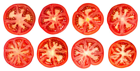 set of isolated illustrations of red tomato slices. Created with Generative AI	