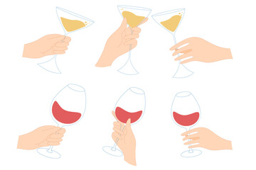 Hand with a glass of red or white wine. Celebration concept. Illustrations for the design of the holiday, party, menu, presentation, postcard.
