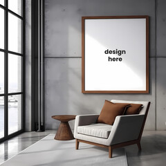 blank frame mockup aesthetic with grey wall and sofa 3d rendering