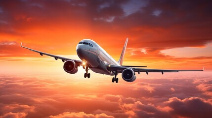 Fototapeta na wymiar Modern Passenger airplane flight in sunset panorama