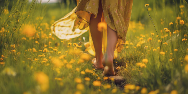  Woman Walking Barefoot Outdoors In Nature, Grounding Concept.