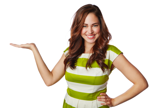 Woman, portrait and palm hand for advertising, promotion or marketing isolated on a transparent png background. Happy casual female person or model with smile showing advertisement or presentation