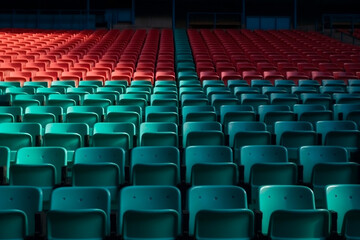 Rows of empty colorful seats in huge big auditorium in cinema or football match field. No one came on the performance game or master class, reserved or vacant seats  concept. Generative AI Technology