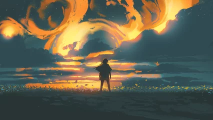 Foto op Plexiglas A man standing on a field of flowers against a flaming sky, digital art style, illustration painting  © grandfailure