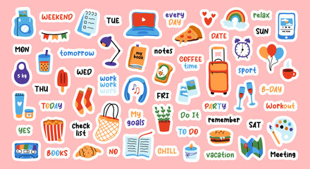 Big sticker set for weekly planner. Cute hand drawn pictures and phrases for diary decorating. Flat vector illustration. - obrazy, fototapety, plakaty