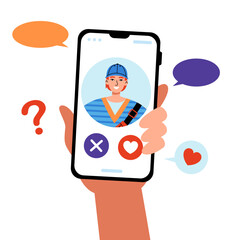 Dating app concept. A human hand holding a smartphone and choosing whether to like or dislike this guy. Flat vector illustration.