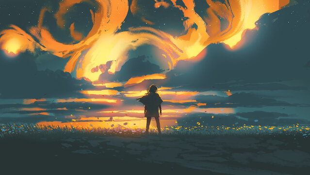 A man standing on a field of flowers against a flaming sky, digital art style, illustration painting
