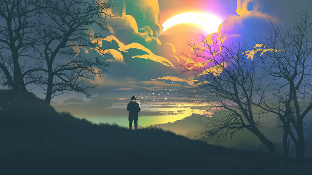 Fototapeta man standing on the hill looking at the colorful night sky, digital art style, illustration painting 