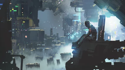 Foto op Plexiglas Grandfailure futuristic man sitting on a building against a sci-fi city during the night, digital art style, illustration painting 