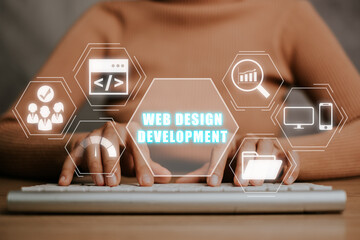 Web design development coding programming internet technology business concept, Young woman hand...