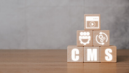 CMS, Content management system concept, Wooden block with Content management system icon on virtual...