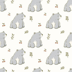 Seamless Pattern of Hand Drawn Bear, Leaf and Cherry Design on Light Yellow Background