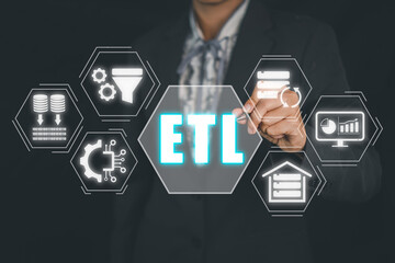 ETL, extract transform load concept, Person hand touching extract transform load icon on virtual...