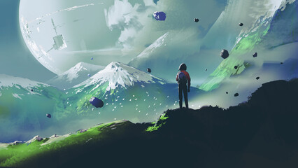 woman standing on top of a mountain looking at a distant futuristic planet in the sky, digital art style, illustration painting 