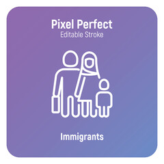 Immigrants thin line icon, family with child and suitcases. Modern vector illustration.