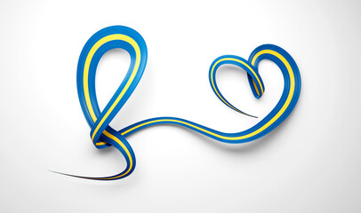 3d Flag Of Sweden Heart Shaped Wavy Awareness Ribbon flag On White Background, 3d illustration