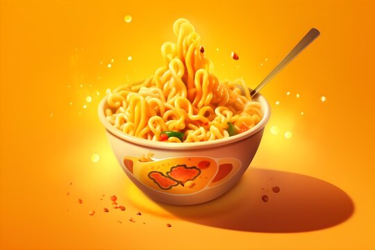 a bowl of hot and yummy maggi, colorful background, cartoon style, 8k high resolution, AI Generated image
