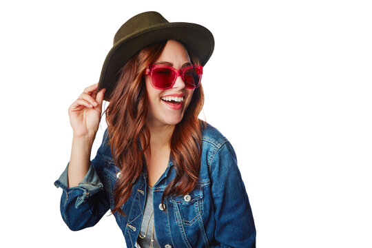 Happy woman, gen z fashion with sunglasses and excited smile with trendy style isolated on transparent png background. Happiness, cool and young female fashionista with funky stylish clothes