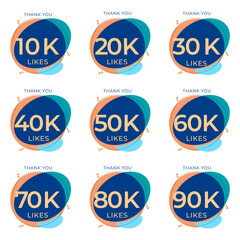 ILLUSTRATION SET 10K TO 90K LIKES BADGE SOCIAL MEDIA TEMPLATE DESIGN ICON VECTOR. GOOD FOR BANNER,COVER, WEBSITE