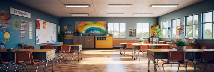 Empty Classroom with Desks and Chairs Background, Education and Back to School Concept. Generative Ai