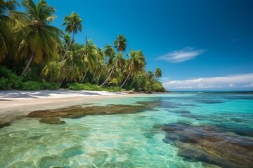 Fototapeta na wymiar Beautiful untouched tropical beach with white sand, palm trees, turquoise ocean against blue sky with clouds on sunny summer day. Perfect landscape paradise for relaxing vacation. Generative AI 