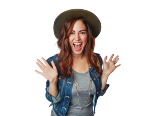 Wow, winning and excited woman in portrait, isolated on transparent png background for fashion sale or discount. Happy face of gen z model or person surprise for news, clothes promotion or winner