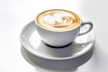 A beautiful white cup of delicious coffee on a saucer, food and beverage photography. Generative AI
