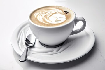A beautiful white cup of delicious coffee on a saucer, food and beverage photography. Generative AI