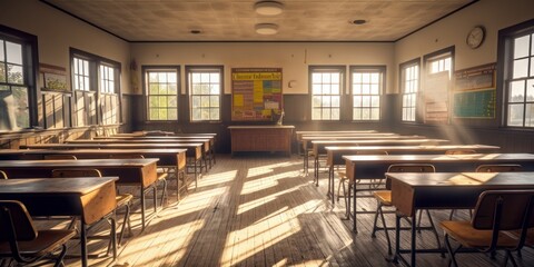 Empty Classroom with Desks and Chairs Background, Education and Back to School Concept. Generative Ai