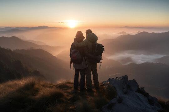 Happy couple hikers with backpack hugging at summit of mountain chase looking at a beautiful stunning amazing view of the ocean sunrise or sunset. Freedom and travel concept. Generative AI Technology