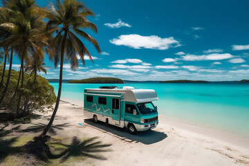 Motor home caravan camping car RV driving through beautiful ocean beach landscape with pure blue lake in the day time. Spending, summer time in recreation vehicle van nature concept. Generative AI