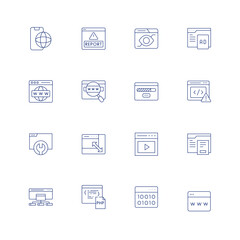 Website icon set. Editable stroke. Thin line icon. Containing browser, report, view, worldwide, search, loading, coding, resize, video, sitemap, php, binary code.