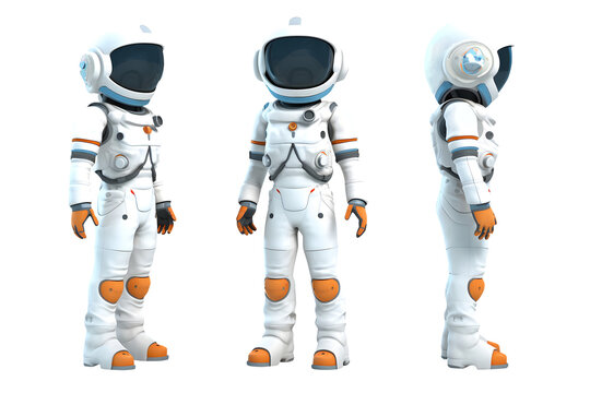 Set of astronaut with white suit in different side view. 3D illustration character in transparent background. Generative AI.