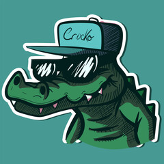Digital art of a crocodile head wearing a hiphop hat and sunglasses. Vector of a green thug alligator with teeth.