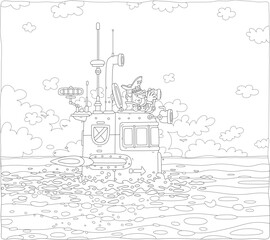 Navy captain observing a sea horizon through binoculars on a cabin of an emerged submarine boat, black and white outline vector cartoon illustration for a coloring book page