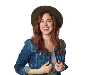 Portrait, fashion and excited woman in hat isolated on a transparent png background. Smile, clothes and female person or model from Norway with happiness, style and trendy, cool clothing and outfit.