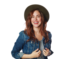 Portrait, fashion and excited woman in hat isolated on a transparent png background. Smile, clothes and female person or model from Norway with happiness, style and trendy, cool clothing and outfit.
