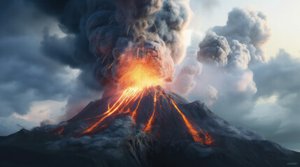 Volcanic eruption ejecting fire, lava and ash. Generative AI