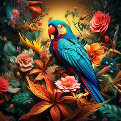Naklejka premium Exotic Flora and Fauna vivid tropical plants, vibrant flowers, and fascinating wildlife colorful parrots bird