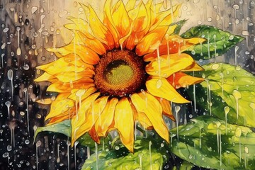 sunflower in the rain, capturing the glistening droplets on the petals and leaves. transparency and create soft, blurred edges to evoke a sense of movement and the refreshing nature of rain  